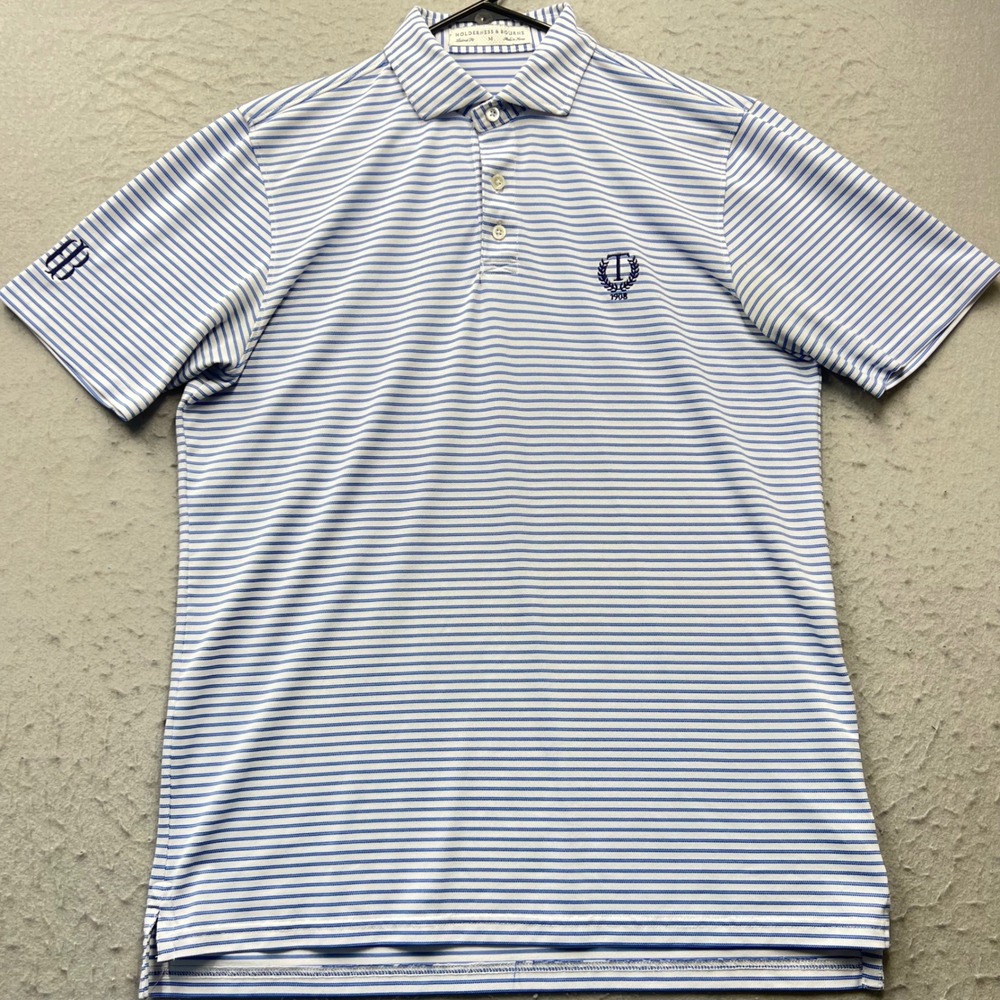 Holderness & Bourne Mens Tailored Fit Striped Golf Polo Shirt Blue White Size M